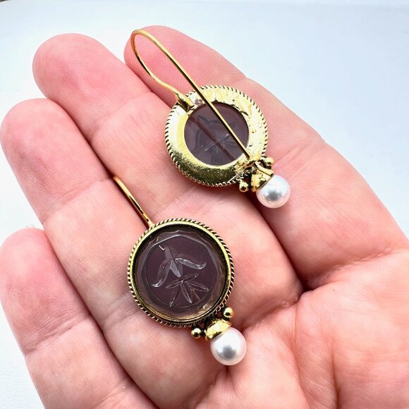 Purple Intaglio Glass Pearl Gold Plated Pierced  1.5 Inch Earrings Vintage Style - Picture 5 of 8